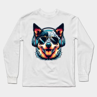 Australian Cattle Dog Smiling DJ with Headphones Long Sleeve T-Shirt